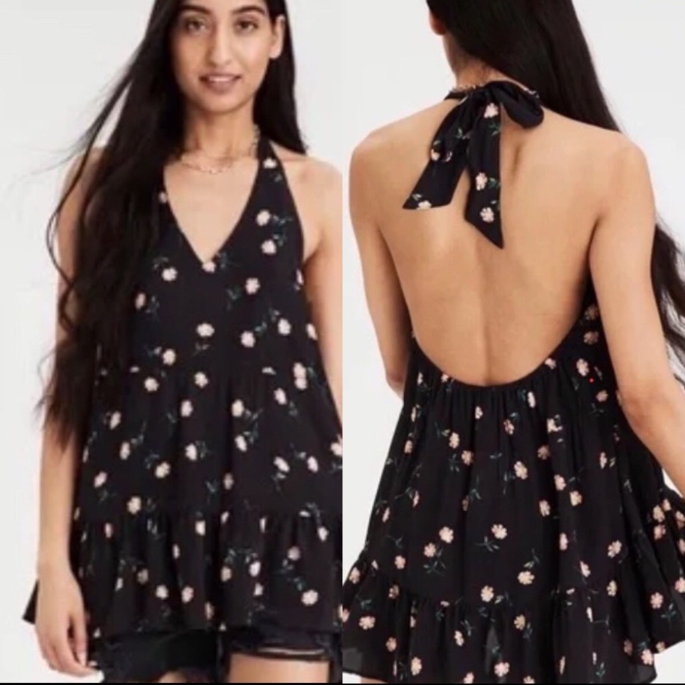 American Eagle Outfitters Black Floral Tiered Babydoll Halter Dress